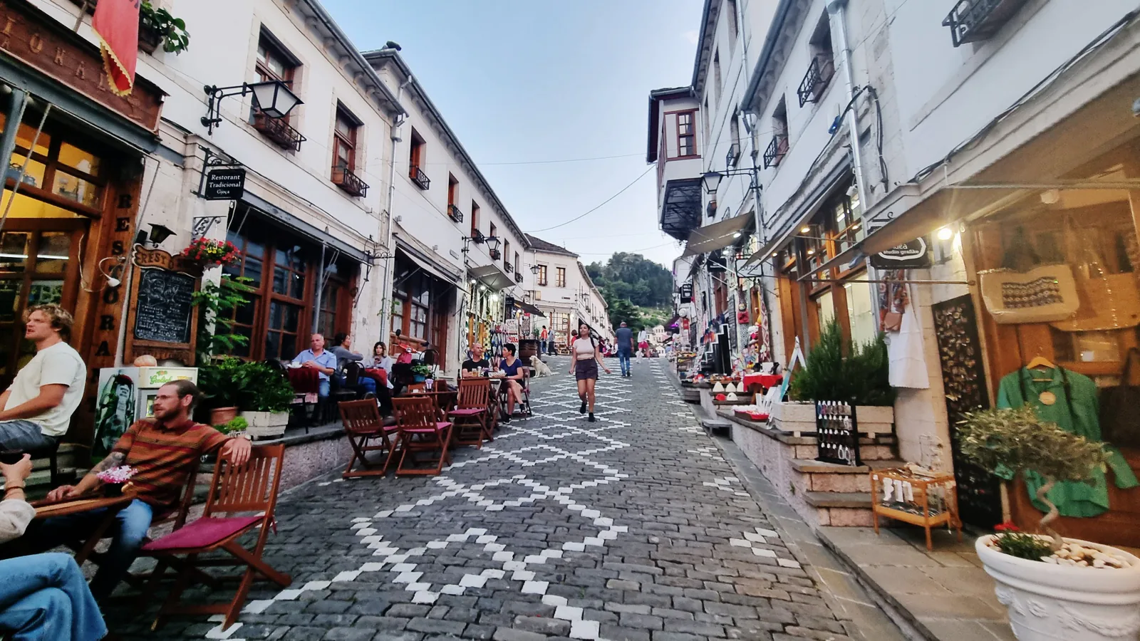 A cobbled street of stone Ottoman houses in the UNESCO old town of Gjirokastra, Albania