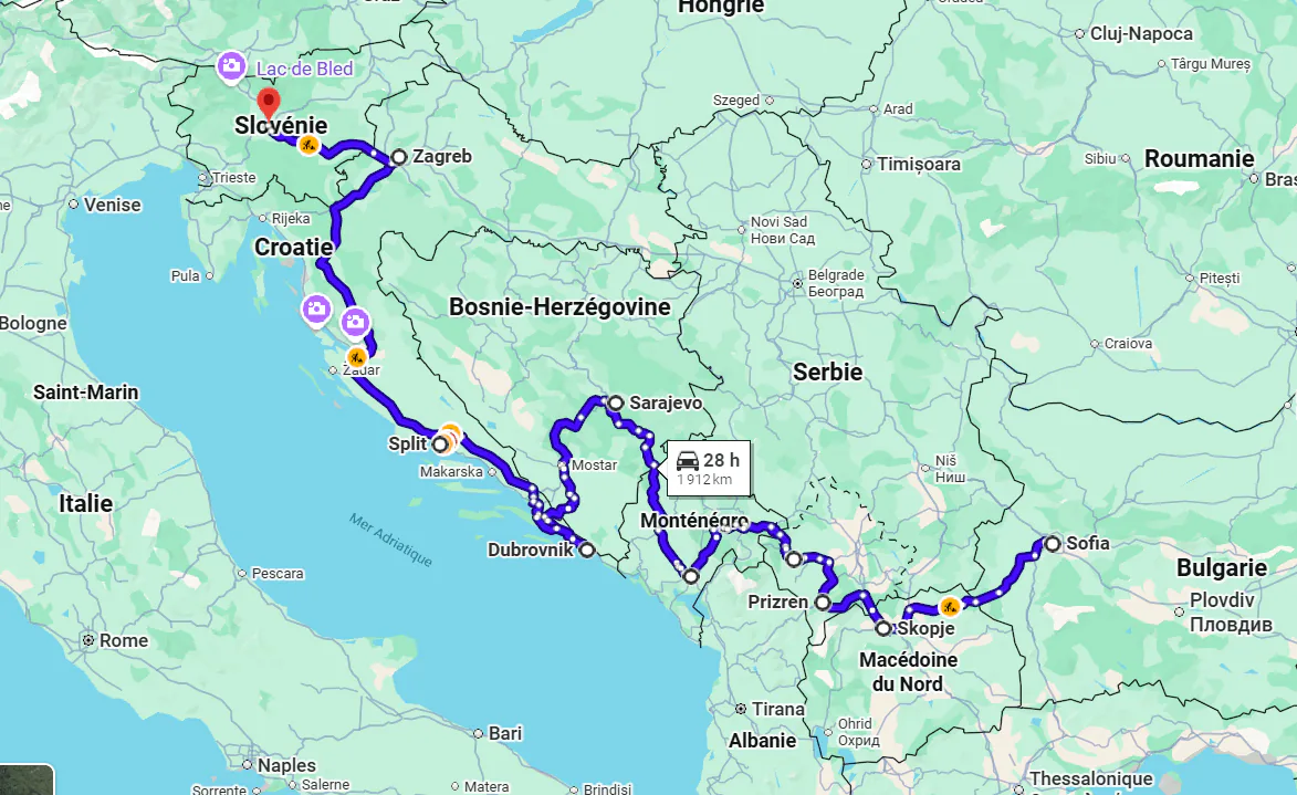 Map of the classic Balkan route from Sofia in Bulgaria across seven countries to Lake Bled in Slovenia