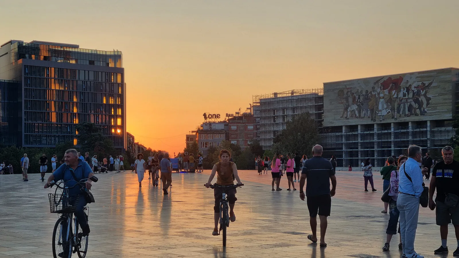 Sunset over the colourful buildings and mountains surrounding Tirana, the capital of Albania